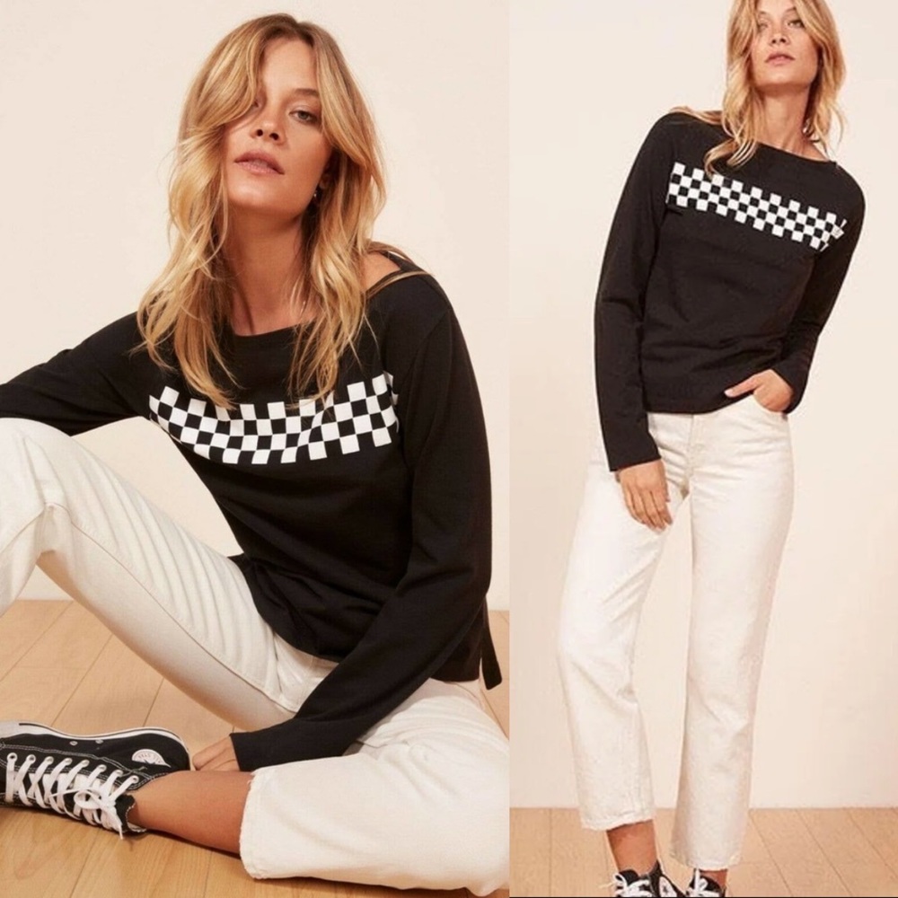 Reformation Black Long Sleeve Tee with White Checkered Design